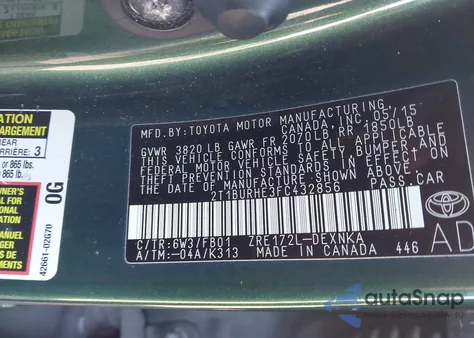 2015 Toyota Corolla Le Plus z USA, uszkodzony, nr VIN 2T1BURHE3FC432856